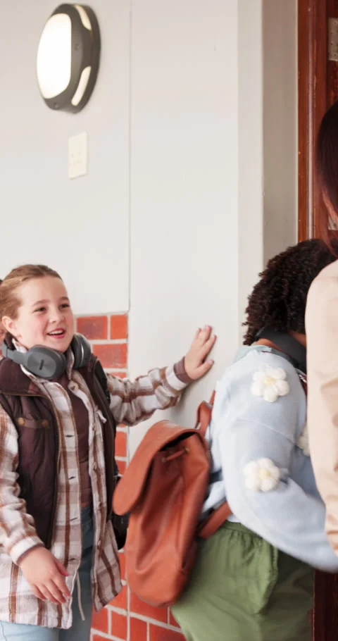 Arrive, high five and students with teacher in school child development Stock Footage 341077901