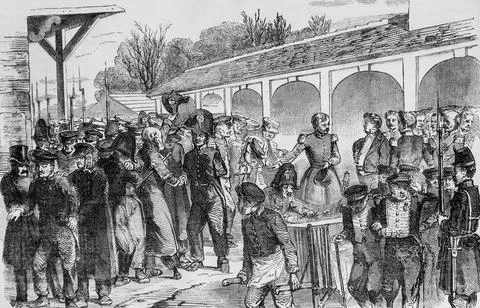 Arrivee a paris des invalides de la succursale d'avignon,tableau de paris par Ilustração Stock