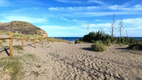 Arriving along a sandy path to an idyllic beach Stock Footage 268900487