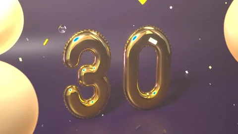 Arriving gold balloon 0 joining 3, forming 30 on glossy studio floor, confetti Vídeos de archivo 346154887