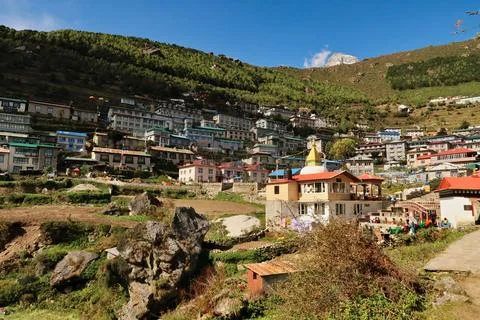 Arriving in Namche Bazar, Bazaar, Mount Everest Basecamp Trek, EBC, Nepal Stock Photos