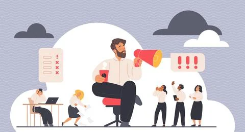 Arrogant, bad selfish behavior of big boss in business communication with tiny Stock Illustration