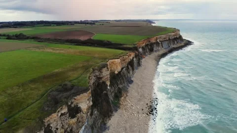 Arromanches les Bains D-Day landing site Cap Manvieux cliffs and Gold Beach.. Stock Footage 341883213
