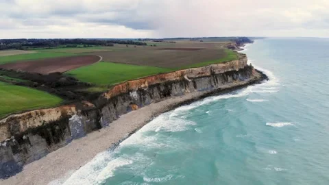 Arromanches les Bains D-Day landing site Cap Manvieux cliffs and Gold Beach.. Stock Footage 341883275