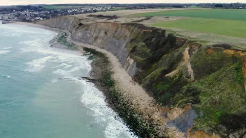 Arromanches les Bains D-Day landing site Cap Manvieux cliffs and Gold Beach.. Stock Footage 341883297