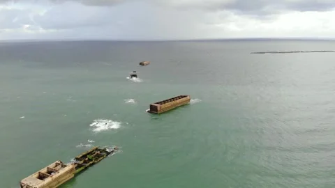Arromanches les Bains D-Day landing site Cap Manvieux cliffs and Gold Beach.. Stock Footage 341883322