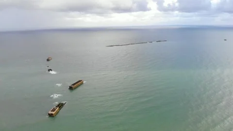 Arromanches les Bains D-Day landing site Cap Manvieux cliffs and Gold Beach.. Stock Footage 341883334