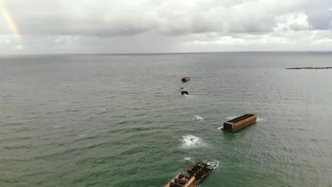 Arromanches les Bains D-Day landing site Cap Manvieux cliffs and Gold Beach.. Stock Footage 341883352