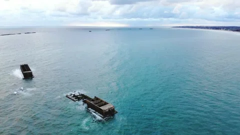 Arromanches les Bains D-Day landing site Cap Manvieux cliffs and Gold Beach.. Stock Footage 341883409