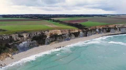 Arromanches les Bains D-Day landing site Cap Manvieux cliffs and Gold Beach.. Stock Footage 341883416