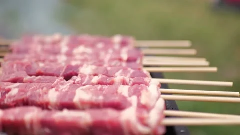 Arrosticini on the grill cooked while turning. Adult sheep meat, typical of Stock Footage 207450380