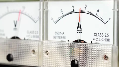 Arrow of the analog DC ampmeter shows the electricity. Stock Footage 169158822