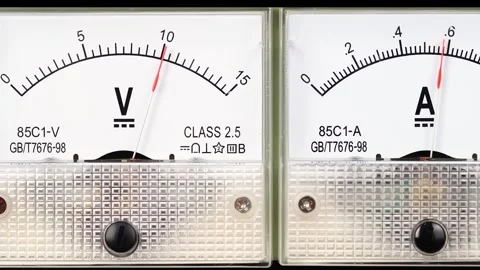 Arrow of the analog DC voltmeter and ampmeter shows the value volts and electric Stock Footage 198319493