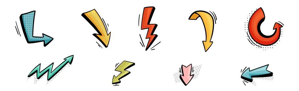 Arrow and Lightning Flash with Pointed End Doodle Style Element Vector Set Stockillustratie