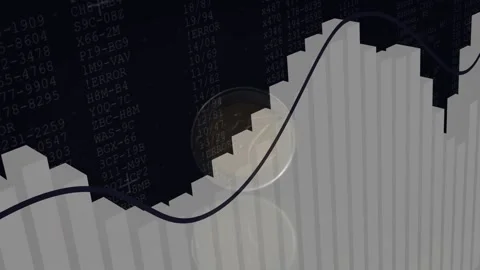 Arrow appearing sends 3D bar chart shifting while black trend line tracing peaks Stock Footage 328656773