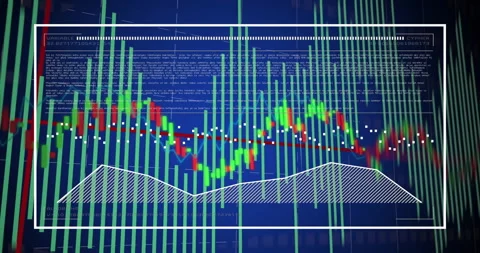 Arrow appearing triggers chart animating bars rising and hatched area flowing Video stock 314790992