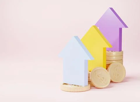 Arrow up bar graph increase, and coin stacks Stock Illustration