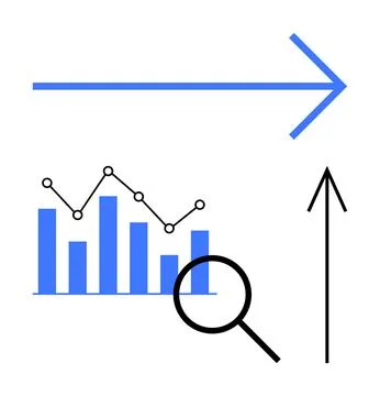 Arrow with Bar Graph, Line Chart, and Magnifying Glass Illustrating Data An.. Stock Illustration