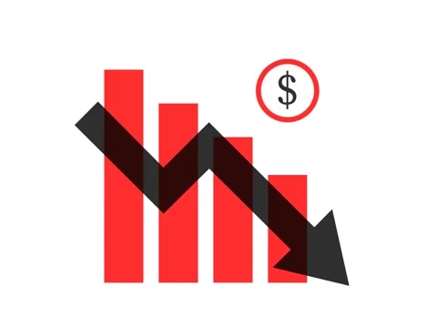 Arrow-black-down-graph-red-bars Stockbeeldmateriaal 274296393