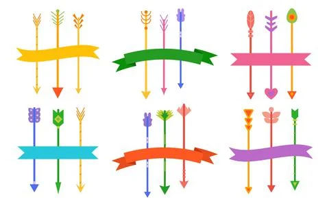 Arrow bow ribbons flat set indian, boho, hipster. Stock Illustration