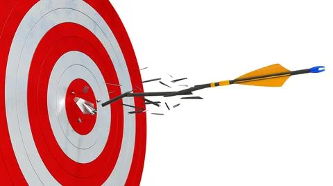 Arrow breaks over the target and crashes into the pieces, 3d illustration Stock Illustration