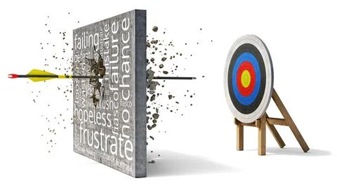 Arrow breaks through the wall with dissapointing words on the way to target, Stock Illustration