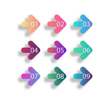 Arrow bullet point triangle flags set on white background. Colorful gradient Stock-Illustration