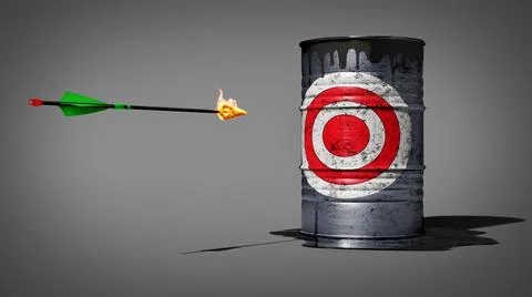 Arrow with burning arrowhead is flying right to oil tank with target on it, c Stock Illustration