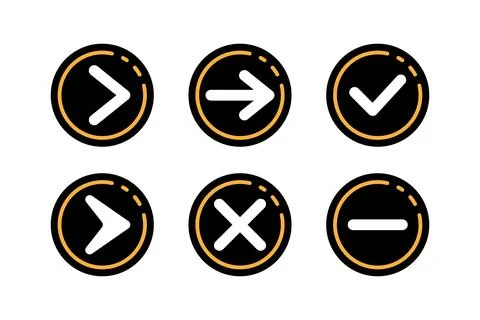 Arrow buttons and bullets symbol including arrows, a check mark, a cross, a.. Stock Illustration
