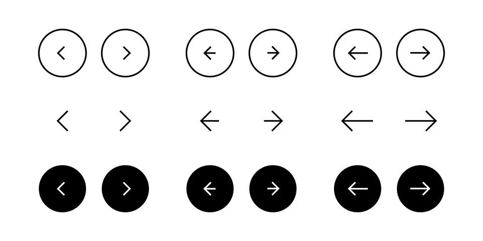 Arrow buttons icon set. Website slider navigation symbols. Next and previou.. Illustrazione stock