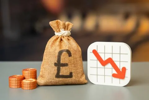 Arrow chart falling and british pound money bag. Falling income. Budget cut.. Stock Photos
