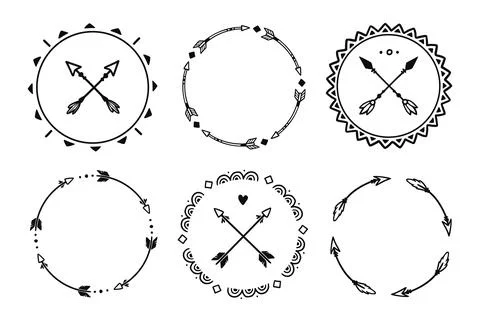Arrow circle american pattern frame set. Hand drawn doodle boho, rustic arrow Stock Illustration