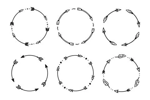 Arrow circle american pattern frame set. Hand drawn doodle boho, rustic arrow Stock Illustration