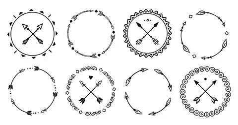 Arrow circle american pattern frame set. Hand drawn doodle boho, rustic arrow Stock Illustration