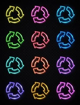 Arrow circle icon set. 3d color neon signs on dark Stock Illustration