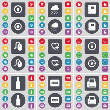 Arrow up, Cloud, Notebook, Mouse, Heart, Compass, Bottle, Cassette, Printer icon Stock Illustration