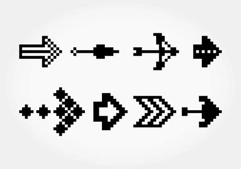 Arrow collection pixels. Vector illustration of 8 bit game assets. Illustrazione stock