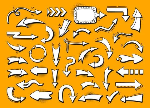 Arrow comic pop art set cartoon 90s style infographic various directions pointer Stock Illustration