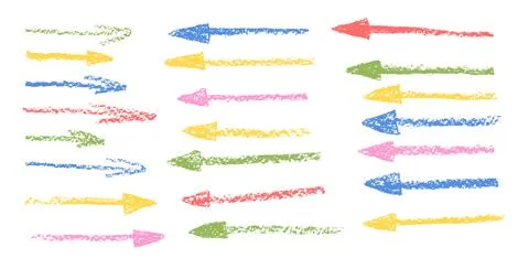 Arrow crayon drawn set. Straight pointers doodle elements. Vector kids direct Stock Illustration