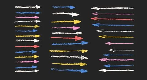 Arrow crayon drawn set. Straight thin pointers doodle elements. Vector direction Illustrazione stock