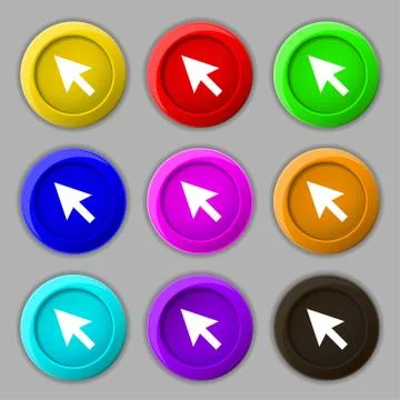 Arrow cursor, computer mouse icon sign. symbol on nine round colourful button 스톡 일러스트
