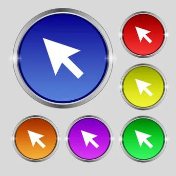 Arrow cursor, computer mouse icon sign. Round symbol on bright colourful butt Stock Illustration
