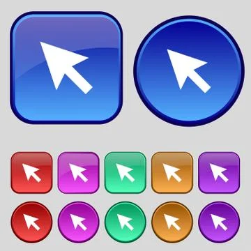 Arrow cursor, computer mouse icon sign. A set of twelve vintage buttons for y Illustrazione stock