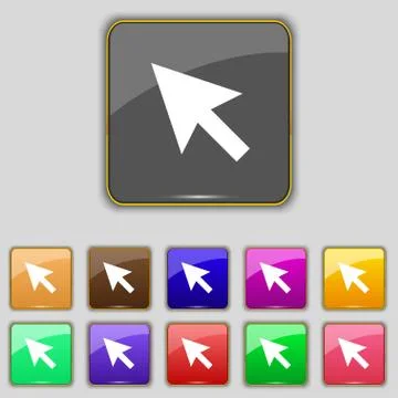 Arrow cursor, computer mouse icon sign. Set with eleven colored buttons for y Stock Illustration