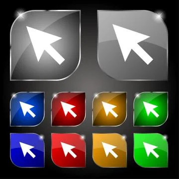 Arrow cursor, computer mouse icon sign. Set of ten colorful buttons with glar Illustrazione stock
