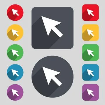 Arrow cursor, computer mouse icon sign. A set of 12 colored buttons and a lon Stock Illustration