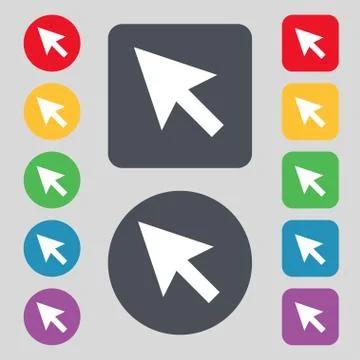 Arrow cursor, computer mouse icon sign. A set of 12 colored buttons. Flat des Illustrazione stock