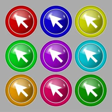 Arrow cursor, computer mouse icon sign. symbol on nine round colourful buttons. Illustrazione stock