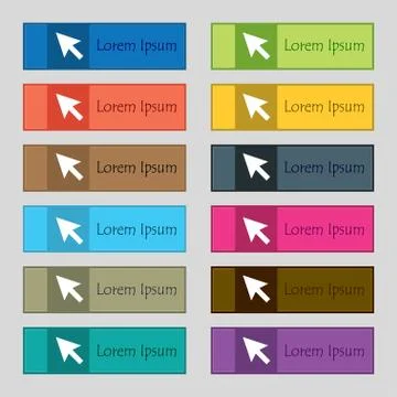 Arrow cursor, computer mouse icon sign. Set of twelve rectangular, colorful, bea Stock Illustration