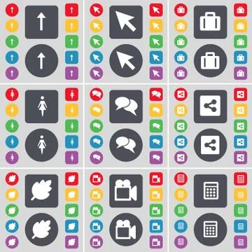 Arrow up, Cursor, Suitcase, Silhouette, Chat, Share, Leaf, Film camera, Calendar Stock Illustration